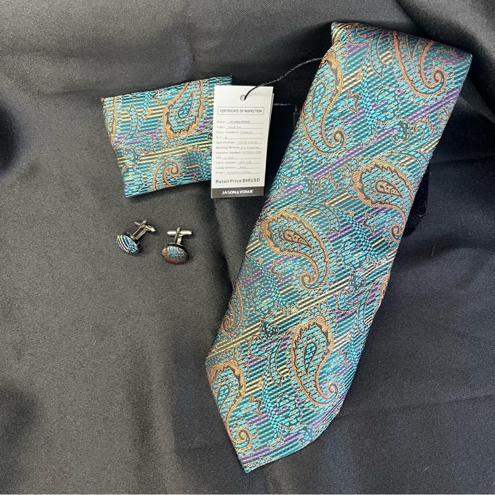 NWT-Silk Blue and Gold Paisley Tie Set